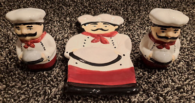 Vintage Chef Shakers & Spoon Rest, HOUSTON HARVEST Mustached Ceramic Cooking Set