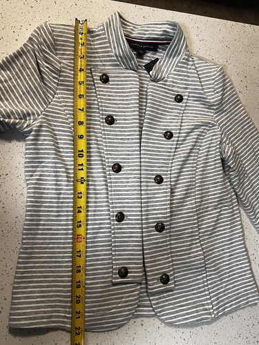 TOMMY HILFIGER Gray/White Stripe Jacket w/ Signature Buttons Small - Picture 7 of 8