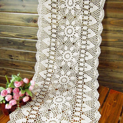 15''x59'' White Vintage Hand Crochet Table Runner Lace Dresser Scarf Tablecloth