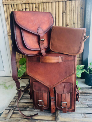 Goat Leather Bag Backpack Laptop Rucksack Men Genuine Vintage Free tiny  Bag