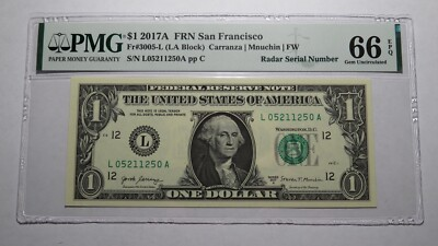 #ad $1 2017 Radar Serial Number Federal Reserve Currency Bank Note Bill PMG UNC66EPQ $83.59