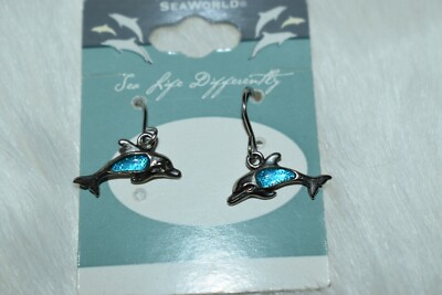 Sea World DOLPHIN HTF Earrings blue topaz? lead free pewtar