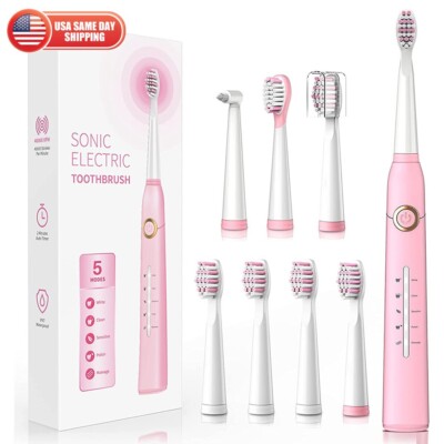 Sonic Electric Toothbrush Adults Kid Rechargeable 8 Brush Heads 5 Mode Pink Girl