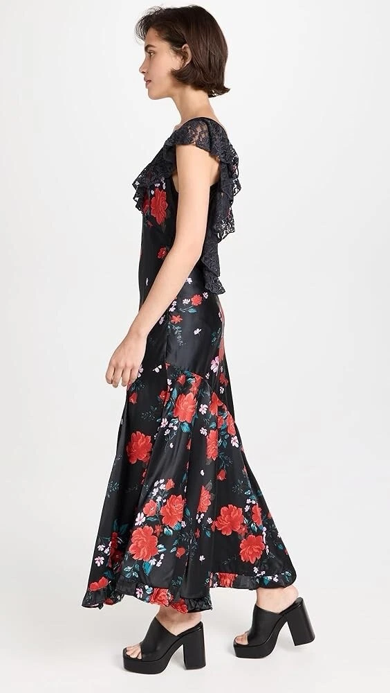 VALENTINO Abito asimmetrico nero rosso rosa velluto volant manica cravatta schiena fata capriccioso