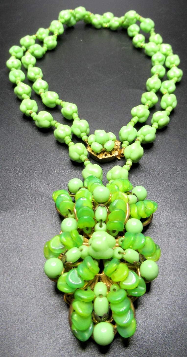 Miriam Haskell double-strand necklace with a green glass bead cluster pendant