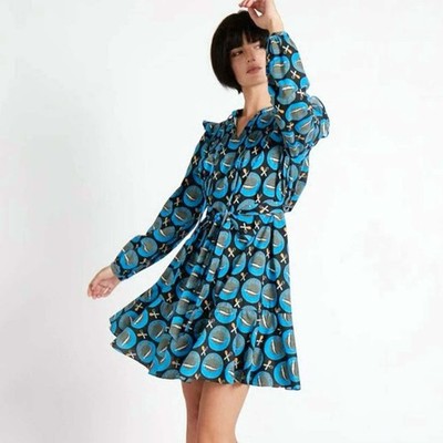 Rachel Antonoff Laura Blue Caviar Fish Print Shirt Dress Cotton Belted XS