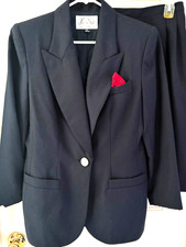 VTG Le Suit Navy Blue Blazer Jacket Skirt Sz 10 Dark Academia Retro Corporate