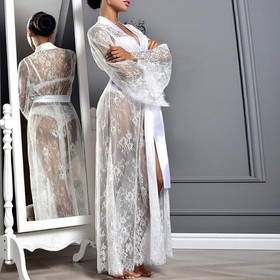 Women Sexy Lingerie Lace Dress Sheer See Through Kimono Robe Nightgown Sleepwear