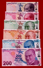 SET Turkey UNC 5-10-20-50-100-200 Lira 2009 (2017-'24) P-222-223-224-225-226-227