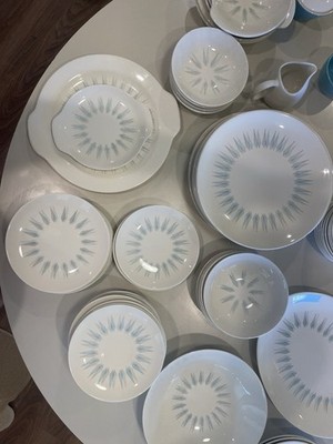 Mid Century Modern Starburst dishes Aurora Royal China Blue Ceramic Dinner Set.
