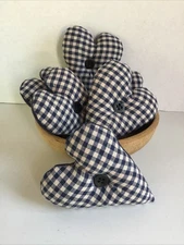 6 Homespun Navy Blue check print fabric Bowl Fillers Hearts Tucks ornies decor
