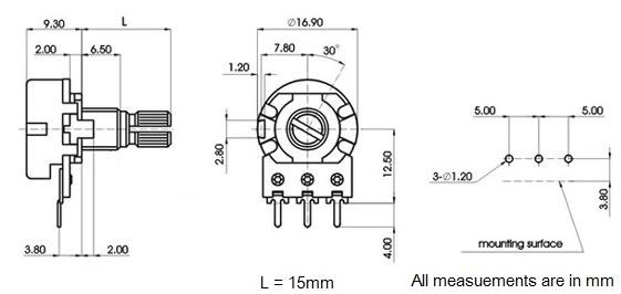 1M Linear Lin 16mm Splined Potentiometer Pot