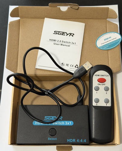 SGEYR HDMI 2.0 SWITCH SPLITTER 3X1 3 PORT 4K @60HZ SELECTOR BOX WITH REMOTE