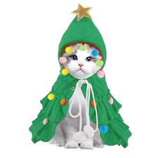 Cat Christmas Outfit Pet Cloak with Hat with Star and Pompoms Puppy Cape Green