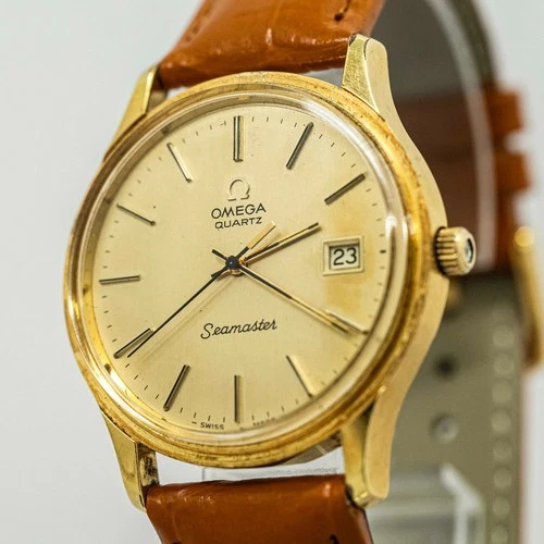 *Working Needs Repair* OMEGA Seamaster Cal.1342 Quartz Push Crown Gold Dial Mens