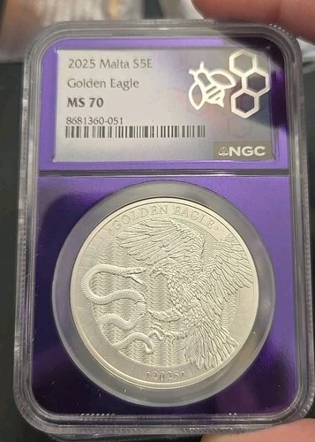 2025 Malta S 5e Golden Eagle 1oz Silver NGC Ms70 Purple Core Beautiful Coin