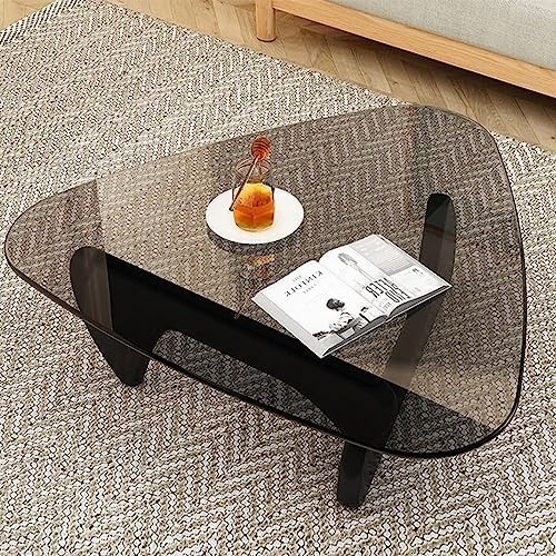 Coffee Table - Triangle Glass Coffee Table with Solid Wood Base Minimalist-image