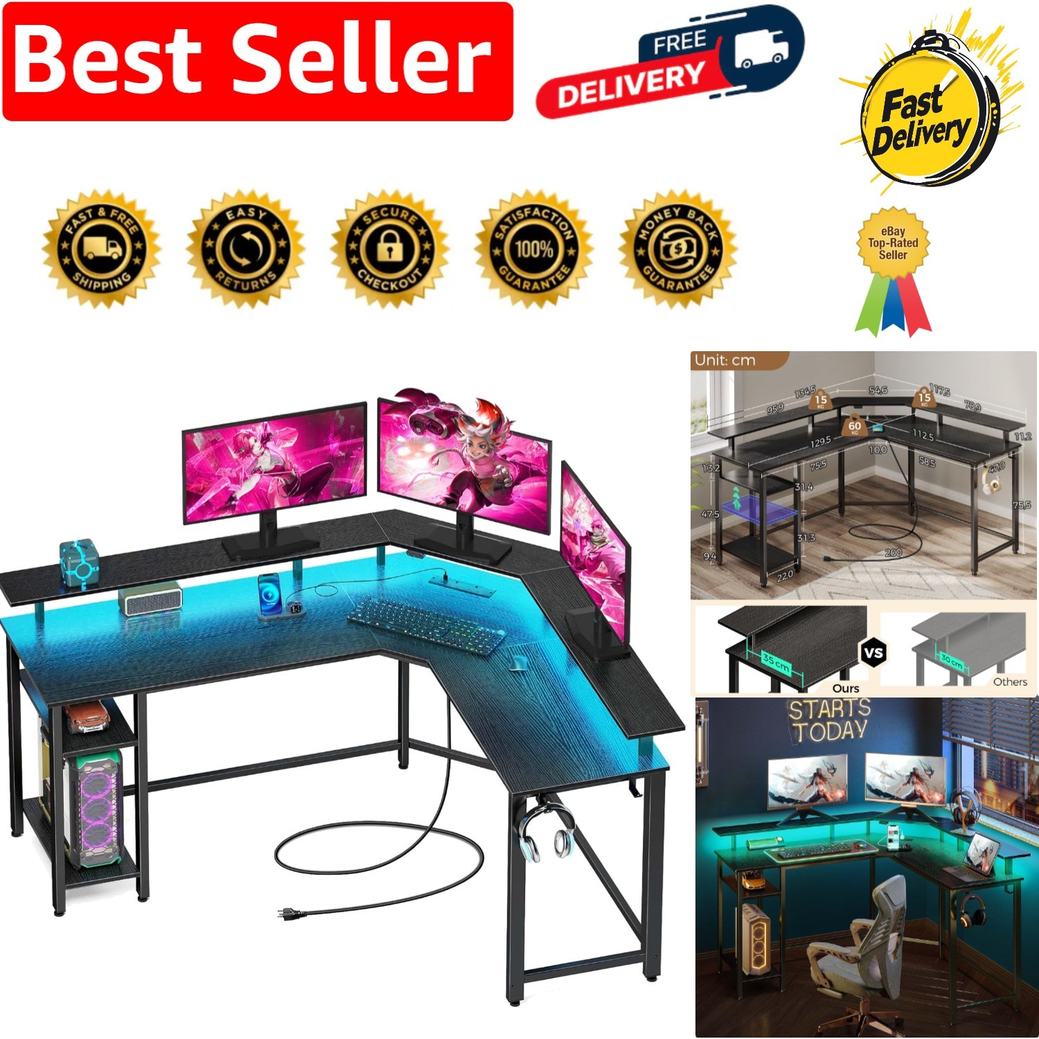 Corner Computer Desk with RGB Lighting & Storage Shelves – Modern Style