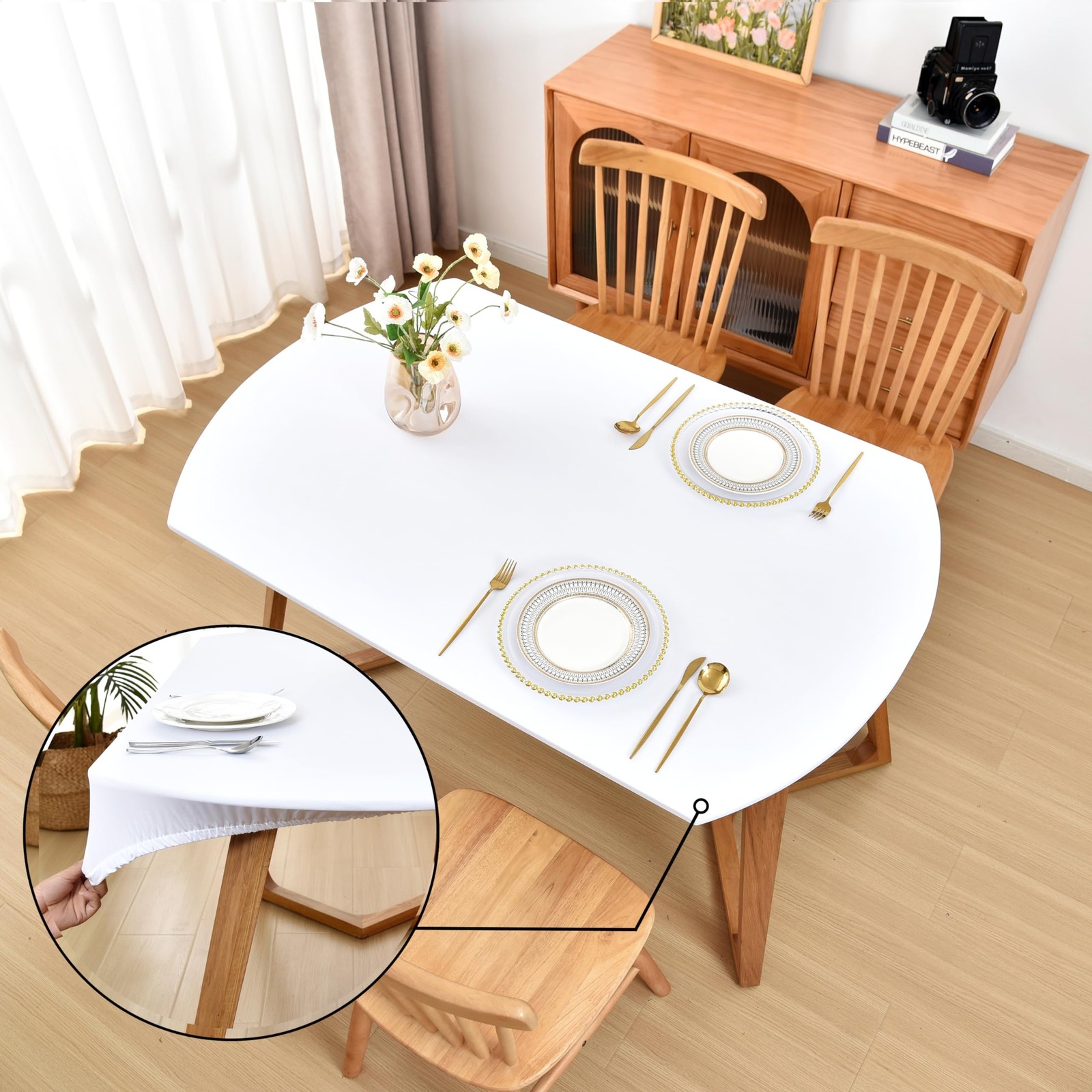 Oval White Fitted Tablecloth with Elastic 48x72 inch for Ova