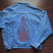 Vintage Guitar Denim Jacket Flame Denim Blue Wash Size Large USA Made
