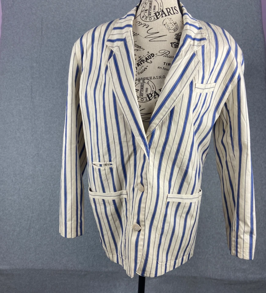 Vtg 80s Lizwear Blazer Womens Sz 4 Blue white Striped Cotton Lightweight Lined — 第 2/4 张图片