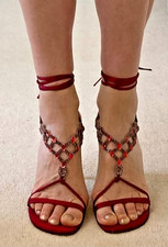 Womens Stuart Weitzman ruby satin jewelled evening shoes, ankle laces. Size 39.5