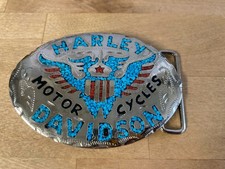 Harley Davidson Vintage Belt Buckle Chrome W/Turquoise & Coral Inlay Eagle Wings