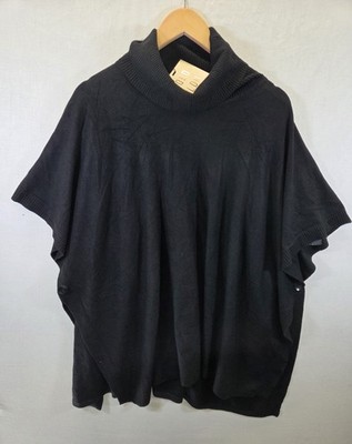 QED LDN Knitted Poncho Top Women One Size Black Side Button Cape Shawl Roll Neck