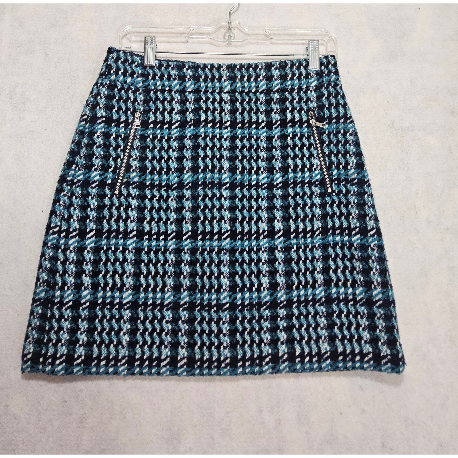 Ann Taylor LOFT Skirt 2 Wool Plaid Tweed Mini Houndstooth Navy Teal Short