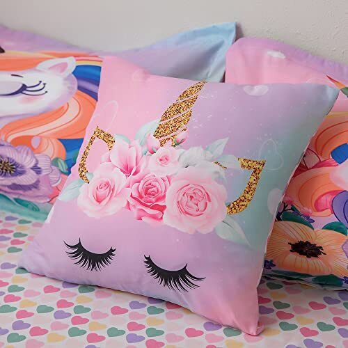 Girls Unicorn Comforter Set for Kids 6 Pieces Pink Floral Twin Colorful - Bild 4 von 6