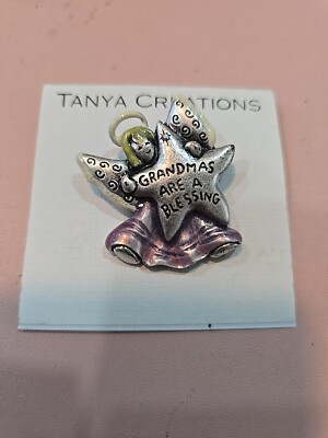 Grandmas are a Blessing Pin Brooch Silver Tone Angel Star 1.5'' Long