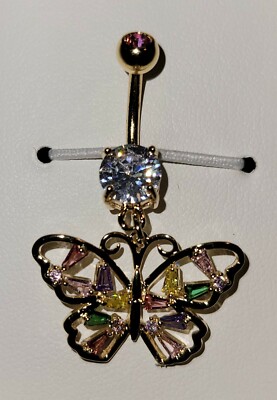 Butterfly w/ Multi Colored Baguette CZ Wings 316L Surg Steel Belly Button Ring