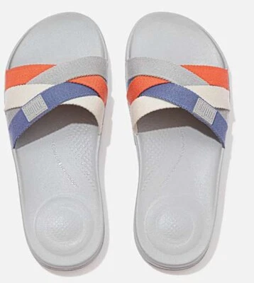 FITFLOP IQUSHION MULTI-STRAP SLIDES UK 4 BLAU ORANGE GRAU TB12