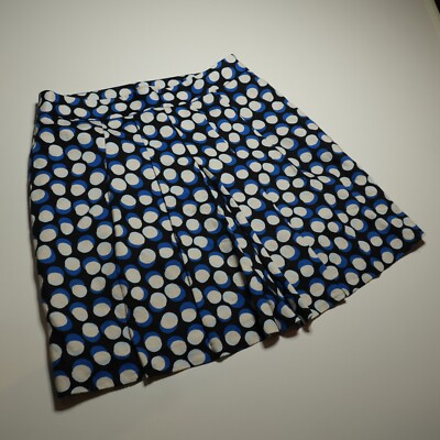 Loft A-Line Pleated Skirt Womens 10 Linen-Mix Black w/ White Blue Polka Dot 20''