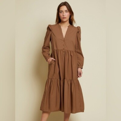 Nation LTD Dalia Victorian Midi Dress Puff Sleeve Pima Cotton In