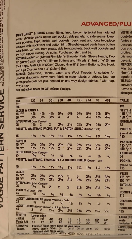 Vogue Men Sewing Pattern 2836, Men's Jacket & Pants, Size 32 - 36 Cut to Size 36 - Image 3 of 4