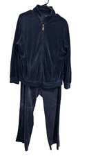 Two-Piece Navy Velour Zip-Up Tracksuit With High Collar Elastic Waist Sz M/L