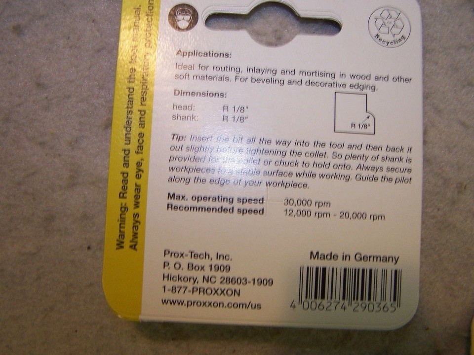 PROXXON #29036 ROTARY HOBBY TOOL ROUTER ROUNDING BIT 1/8 R-IT FITS ...