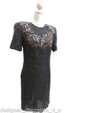 Vintage Beaded Drama black silk cocktail evening wedding party dress SZ M L 10