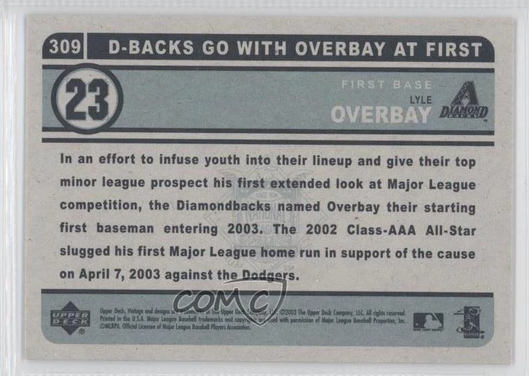 2003 Upper Deck Vintage Lyle Overbay #309 - Image 2 of 2