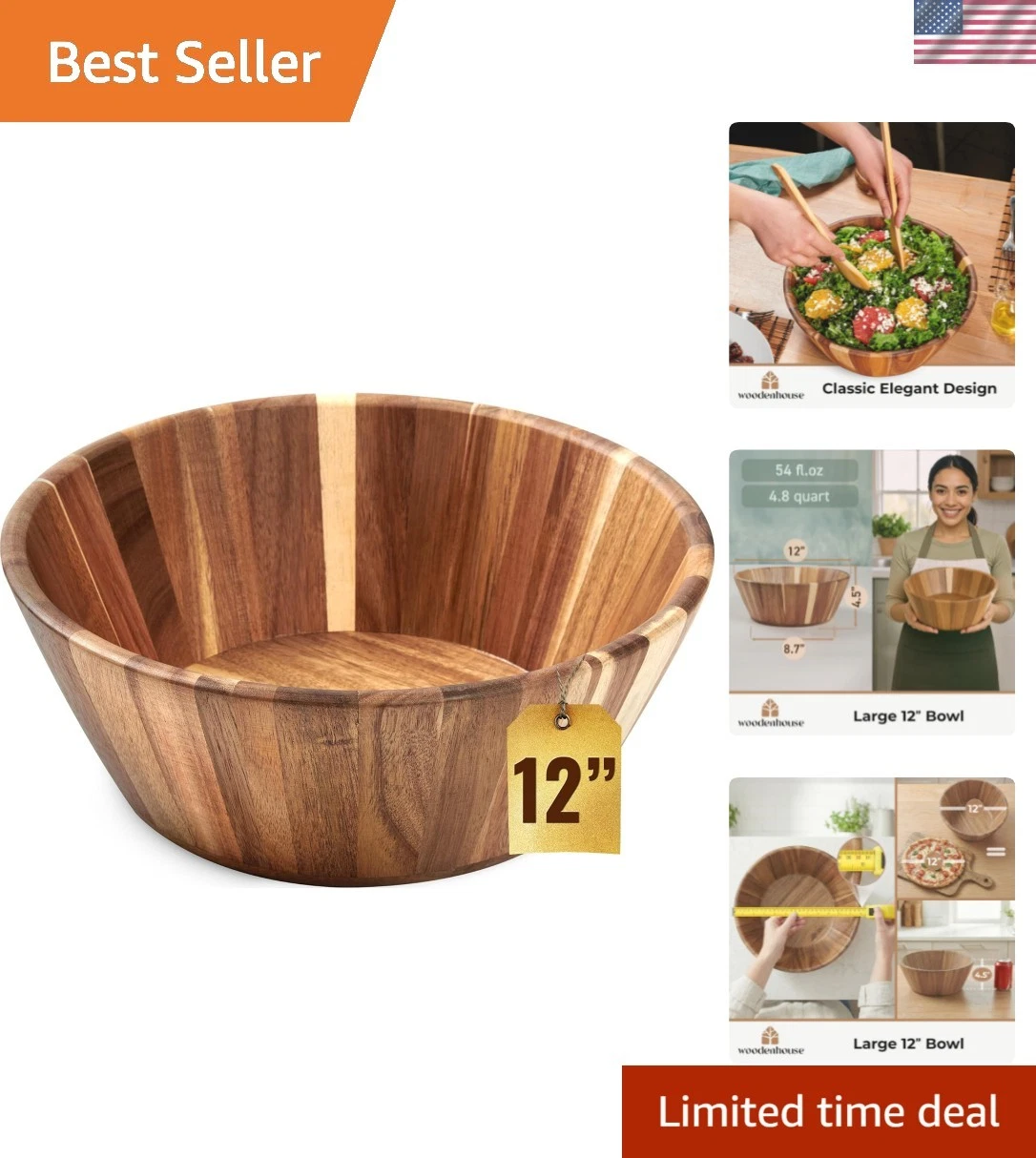 Wooden Salad Bowl, Salad Bowl, Wooden Bowl - 12" Round Design Fruit Bowl, Han...