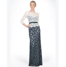 Tadashi Shoji Dress Sz 4 Maxi Gown LACE  SLEEVE NAVY / IVORY Glam Fairy Prom