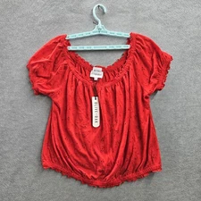 OLIVE + OAK Women Blouse XL Red Ruffle LV0563596VS Embroidered Scoop Neck NWT