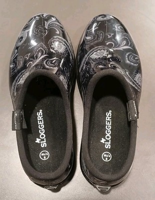 SLOGGERS-Size 8 Rubber Garden Slip On Shoes Black w/Gray Paisley MADE IN USA