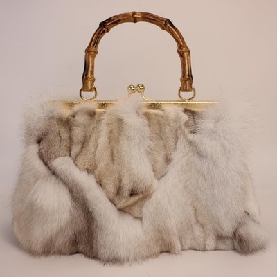 Real Fox Fur Handbag – Vintage Kisslock Purse with Bamboo Handle