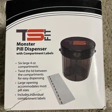 TS Fit Monster Pill Dispenser With Labels (Has 6 Large 4 Oz Compartments)