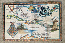 Vintage West Indies Pictorial Map Wall Art 17.5x27" Colorful Rahola SPAIN 1960's