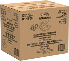 Dart 85HT3R Foam Hinged Lid Container 3-Compartment 8.5″×7.8″×3″ White 200/Case