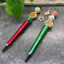 2 PC Handmade Wood Bead Rhinestone Black Ink Pen Set Cat Christmas New B775