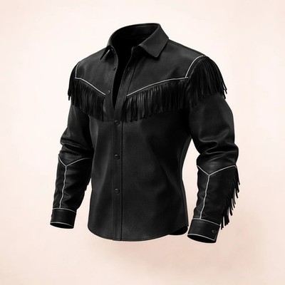 Men's Black Leather Fringe Western Shirt Jacket Cowboy Tassel Biker Ranch Style